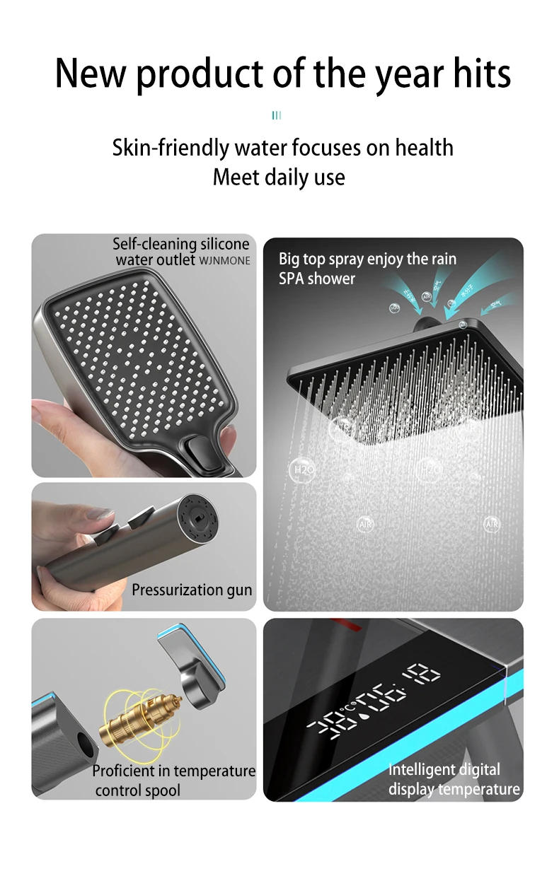 Description Picture 4 of itemDigital Display Thermostat Shower System Bathroom Rain Shower Head Brass Waterfall Bathtub Hot and Cold Mixer Shower Faucet Sets