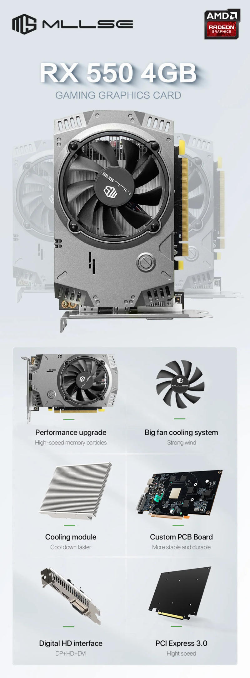 Description Picture 2 of itemMLLSE AMD RX 550 4GB Graphics Card GDDR5 128Bit DVI HDMI DP PCI-E 3.0 Radeon GPU Rx 550 Gaming Video Card Placa De Video
