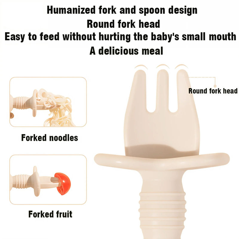 Description Picture 5 of item2pcs Food Grade Children Wooden Handle Silicone Spoon Fork Cutlery Baby Training Complementary Food Spoon BabyFeeding Spoon Fork