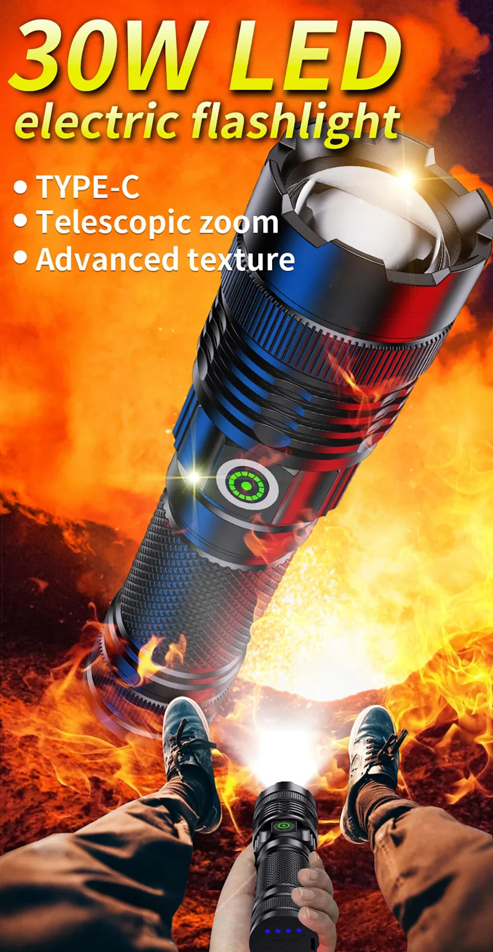Description Picture 3 of item100000 Lumen Super Bright Spotlight Long Range LED Flashlight Built-in Battery  USB Charging Waterproof Portable Camping Torch