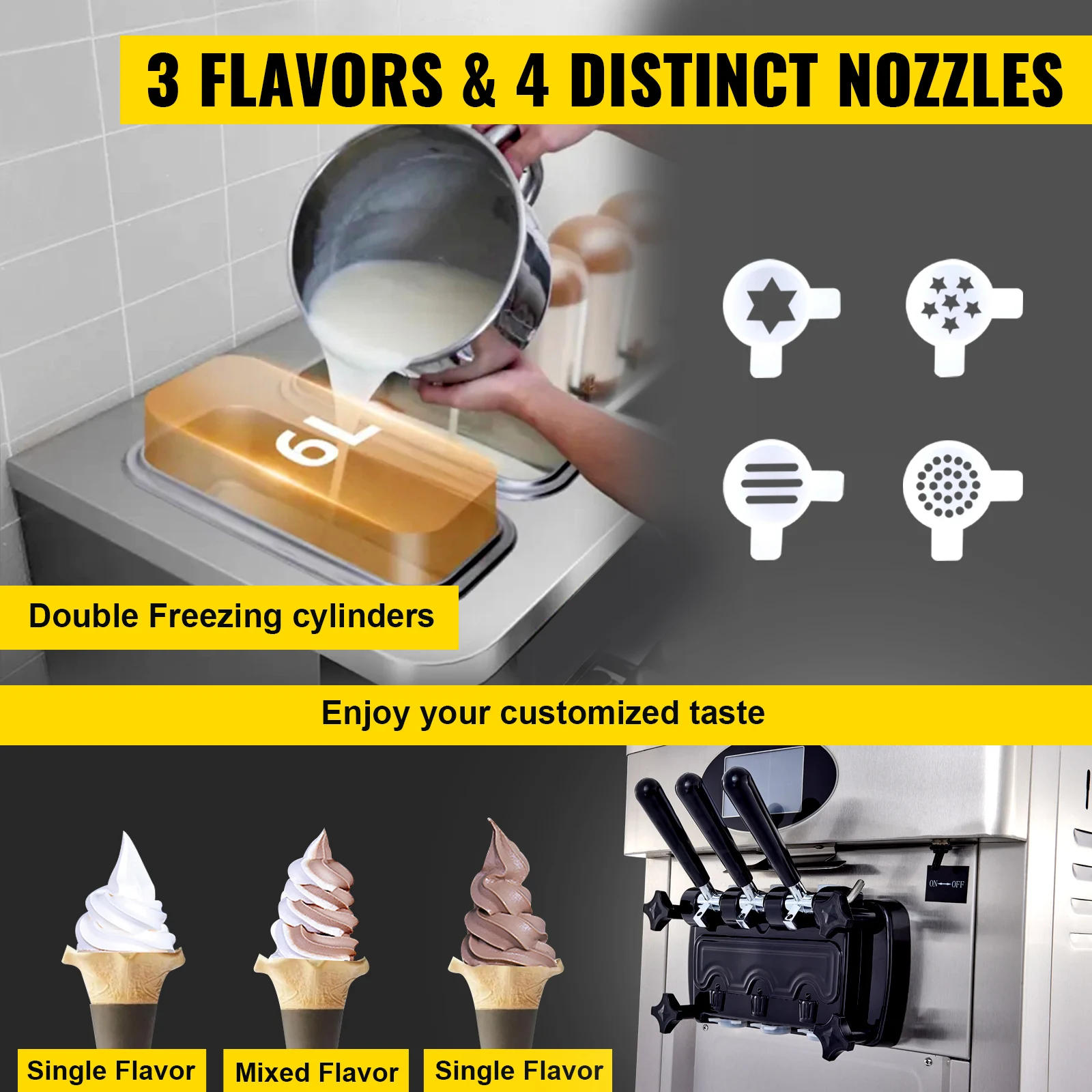 Description Picture 6 of itemVEVOR 2200W Commercial Soft Ice Cream Machine 20-28L/H Ice Cream Maker Double 6L Hoppers Ice Cream Making Machine