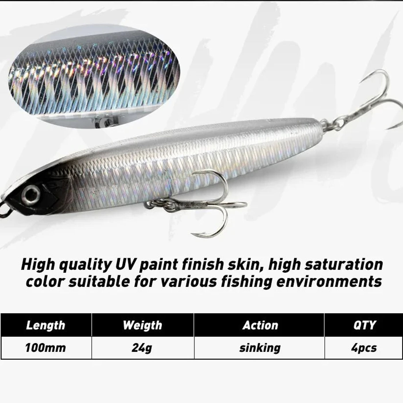 Description Picture 4 of item4pcs/set Fishing Lure Pencil Sinking 10cm 24g Bass Fishing Tackle Saltwater Lures Fish Bait Trolling Lure Fishing Accessories