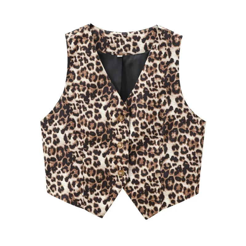 Description Picture 4 of itemTRAF Leopard Print Vests for Women Waistcoat Cropped Sleeveless Vest Woman Fashion Short Jacket Women Streetwear Women's Coats