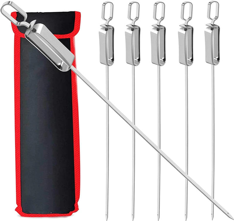 Description Picture 4 of item6Pcs Kabob Skewers for Grilling Stainless Steel Flat BBQ Skewers with Quick Release Metal Sliding Handle YY085