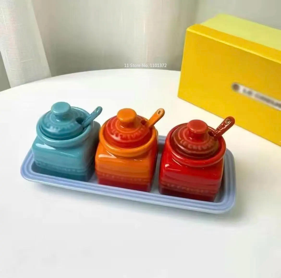 Description Picture 3 of itemEuropean Style Kitchen Spice Organizer Creative Ceramic Spice Jar with Spoon Gift Box Set Jam Storage Jar with Lid   Spice Rack