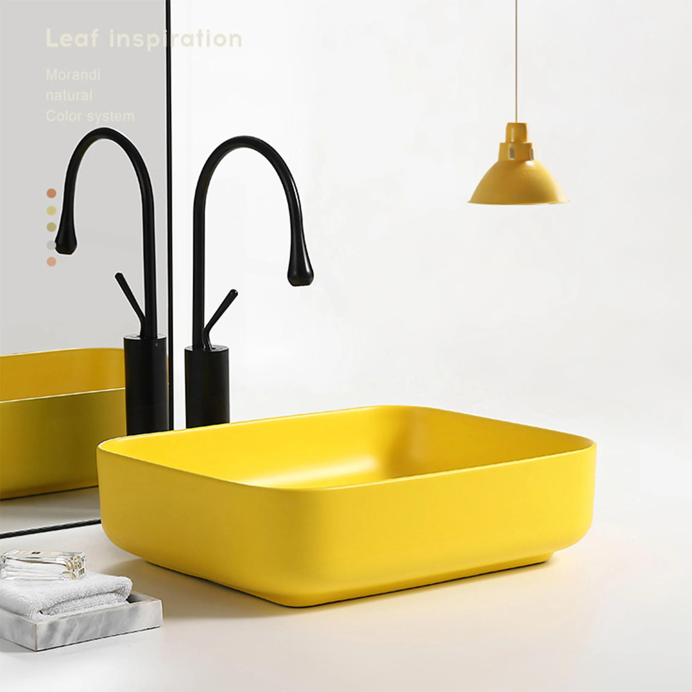 Description Picture 5 of itemCeramic Washroom Bathroom Sinks 9L Matte Yellow Basin Creative Countertop Wash Pool With Drainer Sets Faucet 50*40*14cm