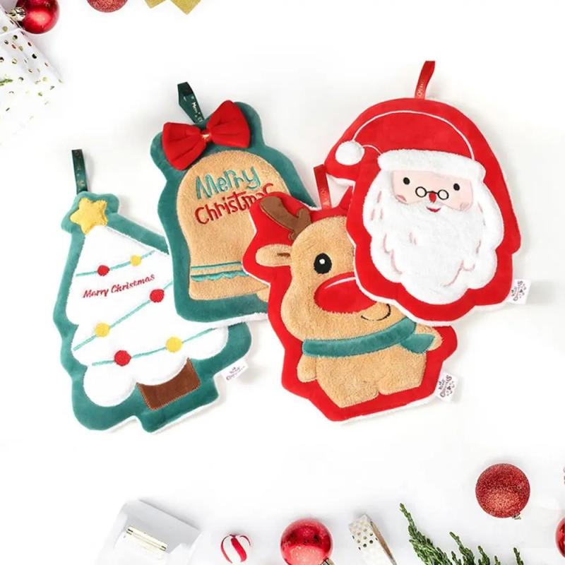 Description Picture 2 of itemThickened Christmas Hanging Hand Towels Coral Velvet Soft Plush Hand Towel Absorbent Cartoon Cleaning Towels Holiday Party Decor