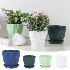 Plastic Flower Pot Succulent Potted Round Plants Pot Vertical Striped Planters with Tray Indoor Home Office Desktop Decoration