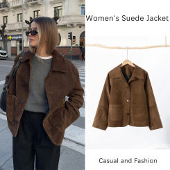 Casual Suede Brown Women Jacket Vintage Lapel Button Long Sleeve Pocket Female Coat 2025 Spring Autumn Lady Urban Streetwear