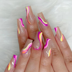 Fashion New Women Girls 24Pcs/Set Long Ballet French Colorful Striped Printed Full Coverage Wearable Fake Nail Press on Nail Art
