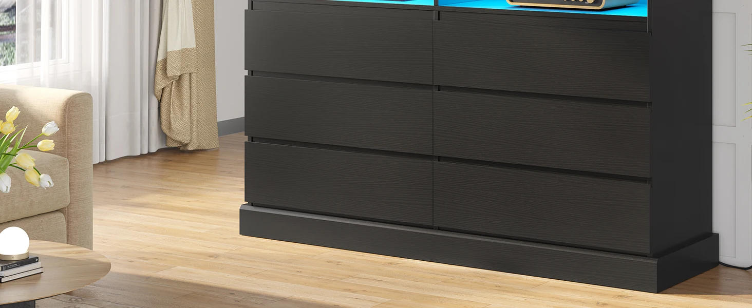 Description Picture 5 of itemBlack Dresser with LED Lights and Charging Station, 51.2" Long Dresser Chest,Modern 6 Drawer Dresser for Bedroom, Living Room