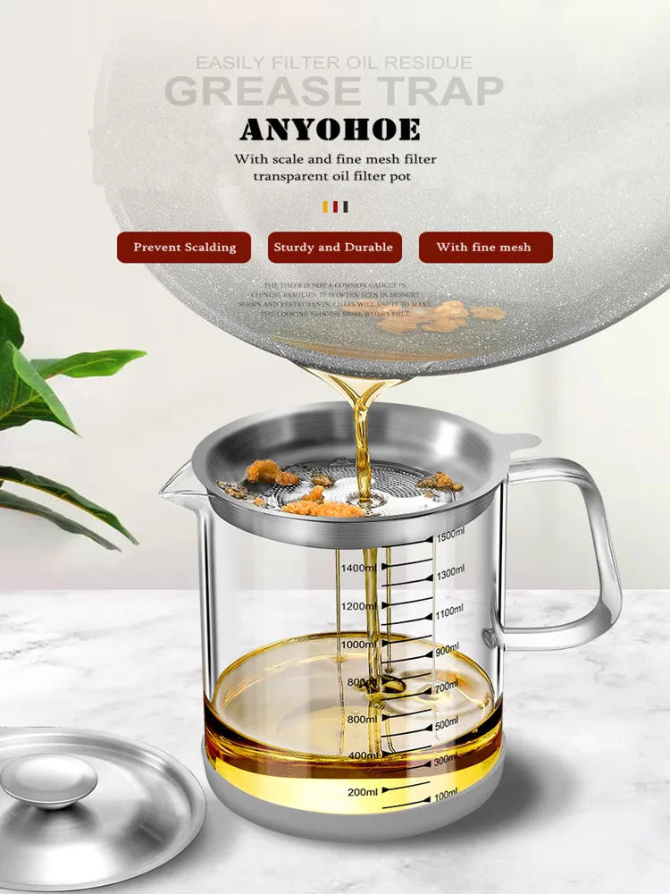 Description Picture 2 of itemTransparent Glass Oil Filter Pot with Scale Kitchen Oil Separator Storage Tank Fine Mesh Strainer Grease Container Home Gadgets