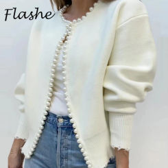 Women Casual Cardigan Sweater Elegant Long Sleeve Knit Sweater With Pearls Elegant White Sweater Coat Jacket