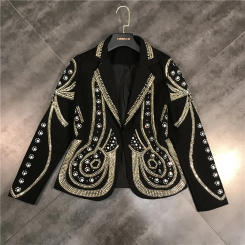 Spring New Heavy Industry Golden Rhinestone Design Business Suit Short Coat Women's Black blazer Jacket Nightclub Top