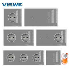 EU Sockets and switches Grey, 16A Full Mirror Crystal Tempered Glass Panel Electrical outlets Sensor switch