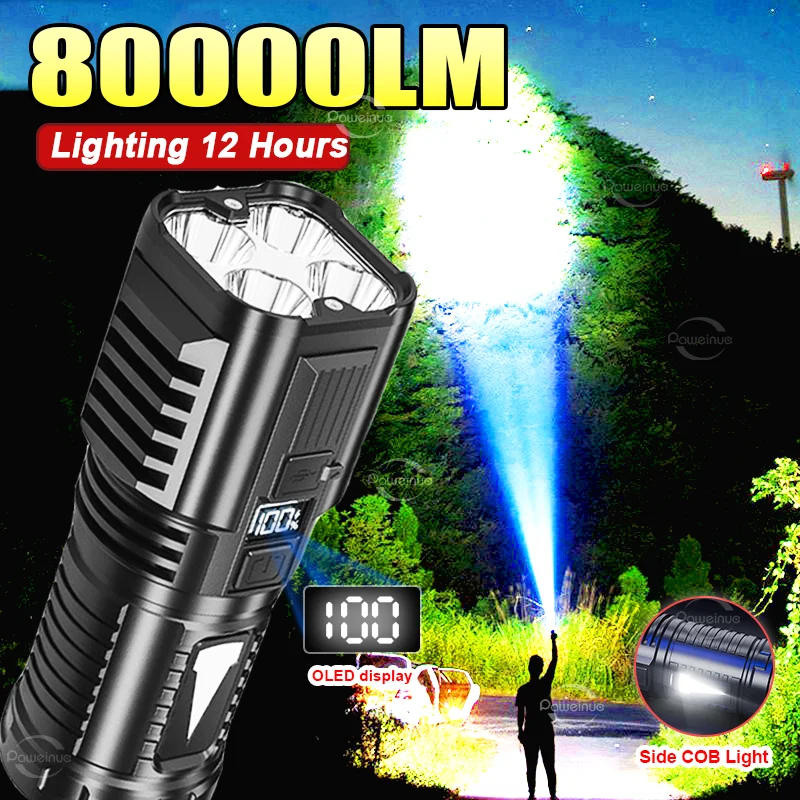 Description Picture 2 of item4LED High Power Flashlight With COB Light Super Bright Floodlight USB Rechargeable Type-c Flashlights Camping Fishing Lamp Torch