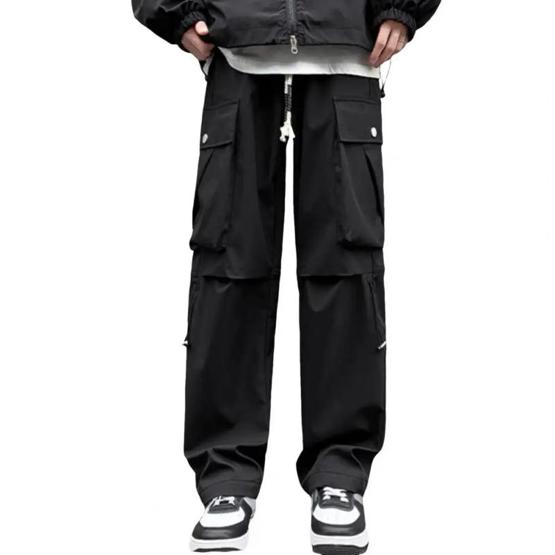 Description Picture 4 of itemMen Drawstring Waist Pants High Street Men Trousers High Street Style Men's Cargo Pants with Wide Leg Multi Pockets for Daily