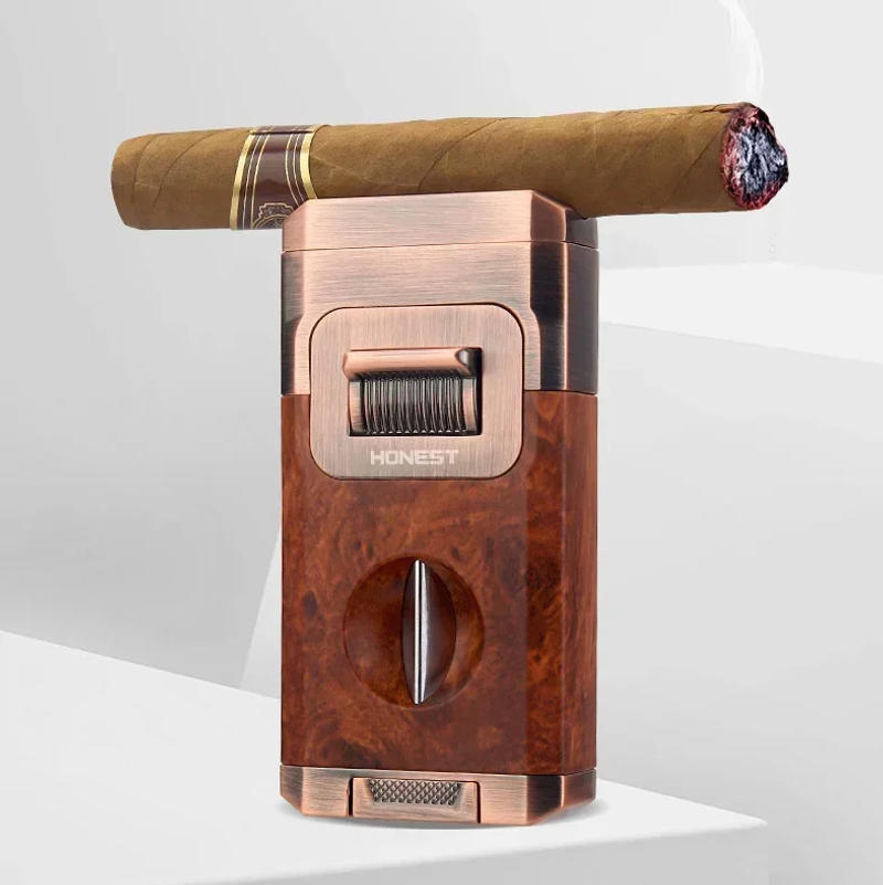 Description Picture 2 of itemMetal High-end Cigar Lighter with Unique Wind Proof V-shaped Cutting Double Jet Flame Butane Gas Lighter Cigar Accessories