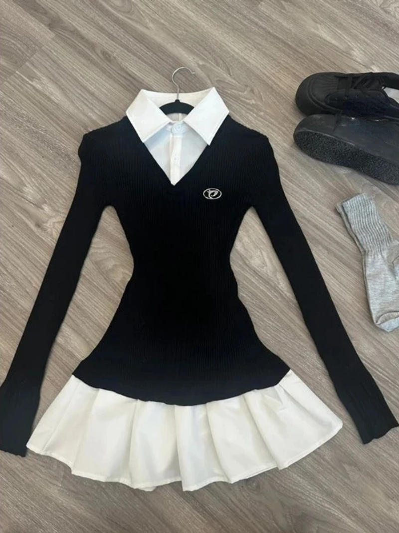 Description Picture 2 of itemAmerican Vintage Shirt Long Sleeve Mini Dresses Women Clothing Slim Fit Polo Neck Black Short Party Dress Korean Fashion Autumn