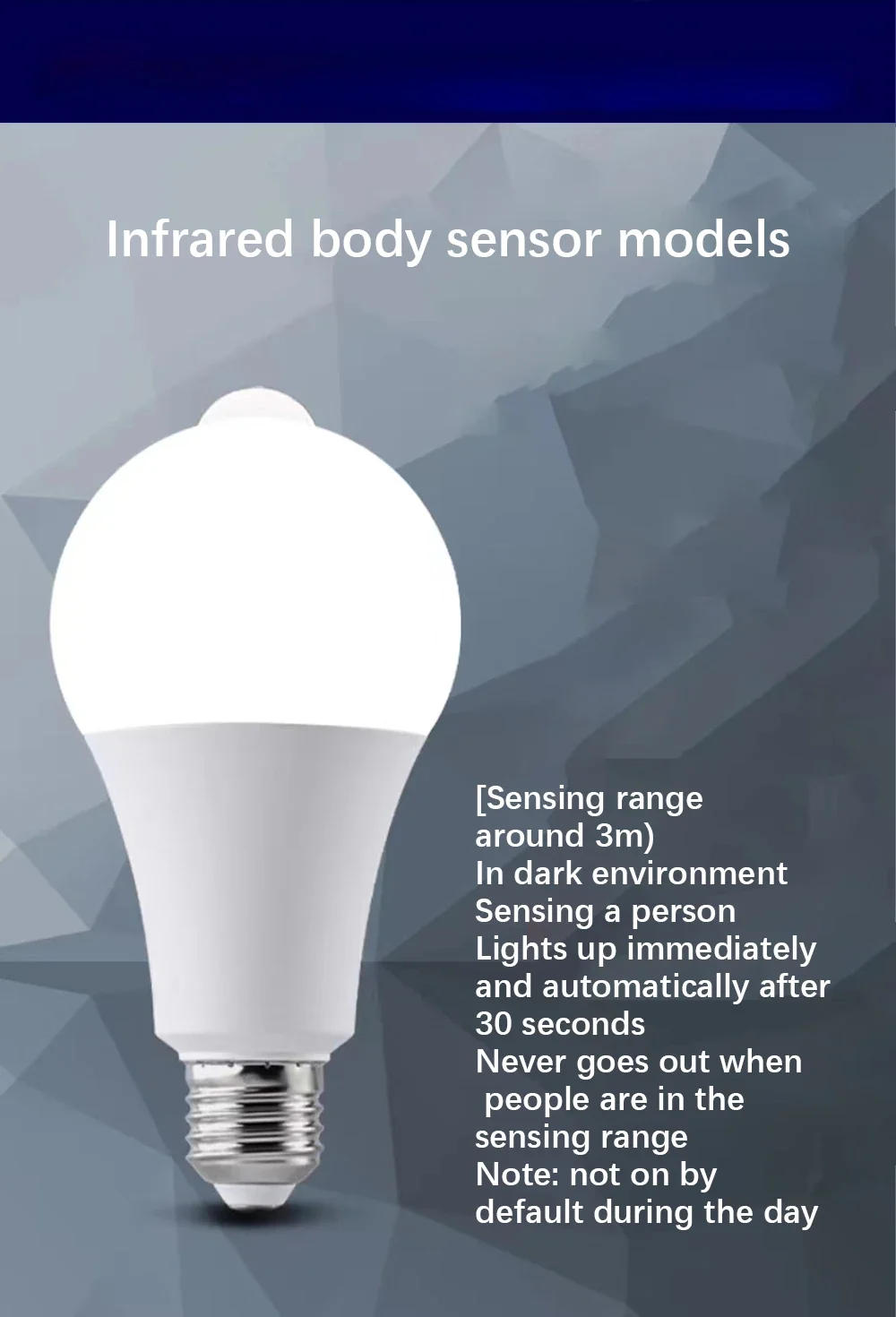 Description Picture 3 of itemE27 PIR 85-265V Motion Sensor Lamp 5W 7W 12W 15W LED Bulb with Motion Sensor Detector Infrared Radiation Security Light