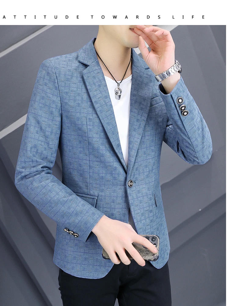 Description Picture 6 of itemNew Spring and Autumn Suits for Men Young Slim Small Suit Formal Single West Plaid Coat Men Three Colors All Match Coat