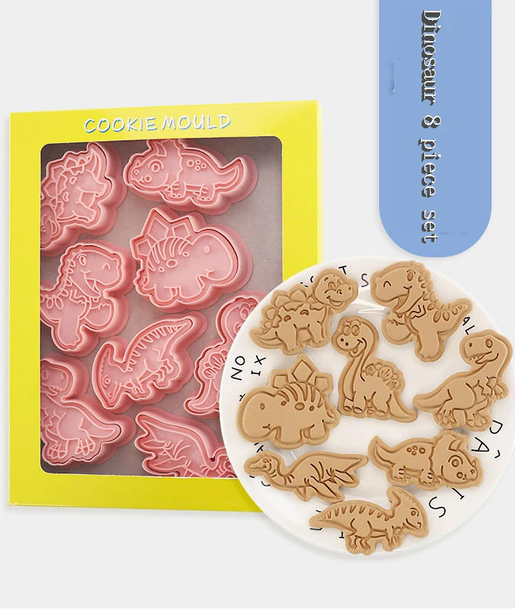 Description Picture 2 of item8 Pcs/set Cookie Cutters Plastic 3D Dinosaur Shape Cartoon Pressable Biscuit Mold Cookie Stamp Kitchen Baking Pastry Bakeware