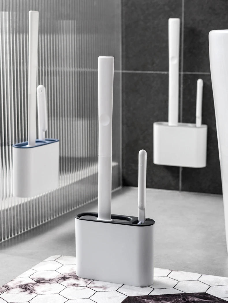 Description Picture 3 of item2PCS/set Toilet Brush Water Leak Proof with Base Silicone Wc Flat Head Flexible Soft Bristles Brush with Quick Drying Holder