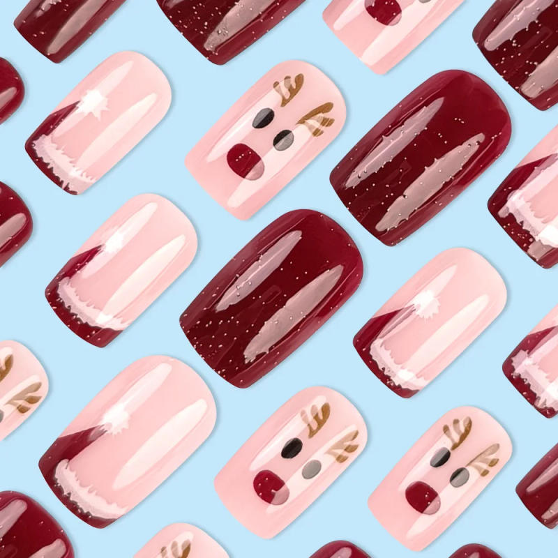 Description Picture 3 of item24pcs Christmas Hat Fake Nails Sweet Elk Deer False Nails Wearable Detachable Short French Press on Nails for Christmas Gifts