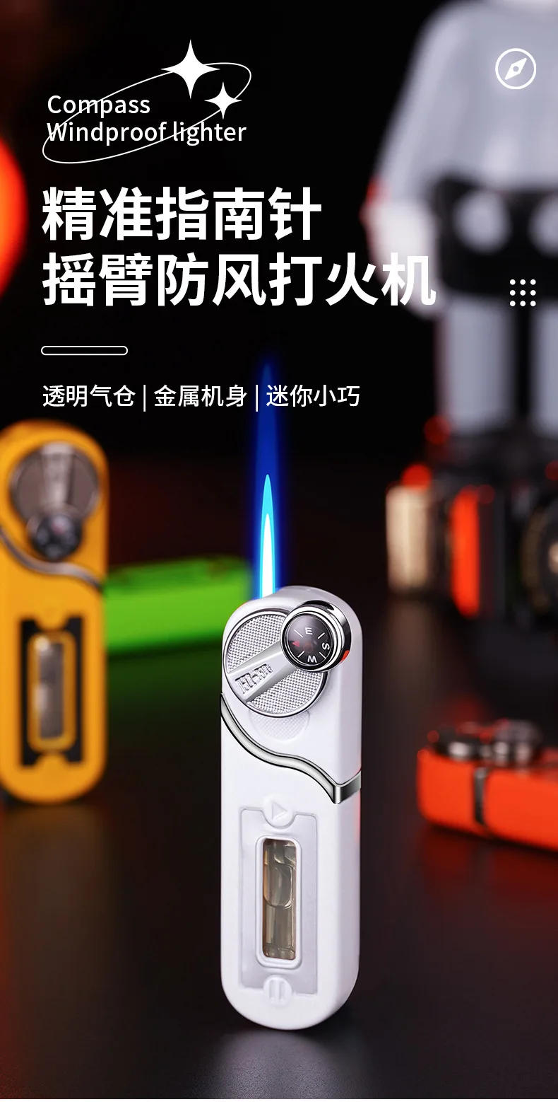 Description Picture 2 of itemOutdoor Windproof Inflatable Compass Lighter Blue Flame Mini Portable Rocker Ignition Visible Gas Chamber Cute Lighter