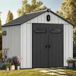 Outdoor Resin Storage Shed with Floor, Lockable Door, Windows & Vents, Plastic Tool Storage, Lawn Mower, and Bike Storage 8x8 Ft
