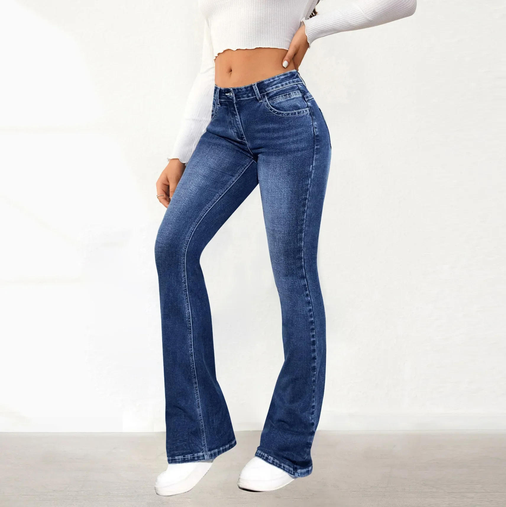 Description Picture 4 of itemWomen Jeans Slim Fit Flare Pants Denim Washing Pockets High Waist Solid Ankle Length Boot Cut Streetwear Casual Zipper Fly