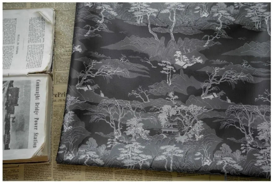 Description Picture 6 of itemChinese Style Black Gray Mountain Pattern Yarn Dyed Jacquard Fabric Antique Dress Cheongsam Diy Sewing Fabric