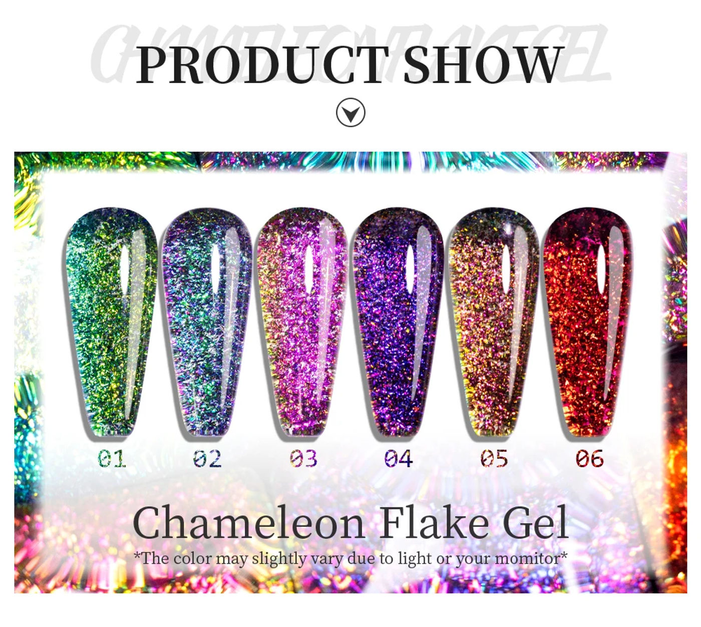 Description Picture 4 of itemPUENTE Chameleon Flake Gel Nail Polish 5ML Aurora Glitter Nail Gel Semi Permanent Varnish Hybrid Soak Off UV Gel For Manicure
