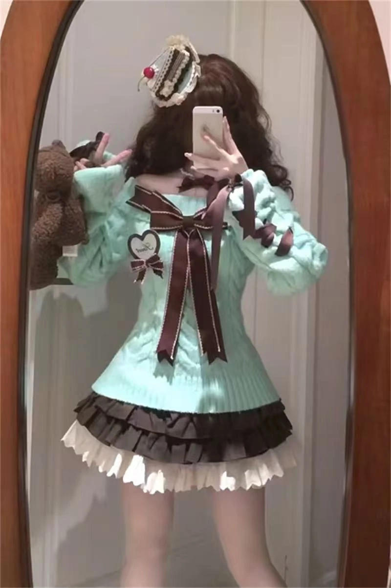 Description Picture 2 of itemY2k Aesthetic Slash Neck Twist Sweater Women Off Shlouder Sweet Bow Pullover Preppy Style Solid Slim Fit Kawaii Fairy Jumpers