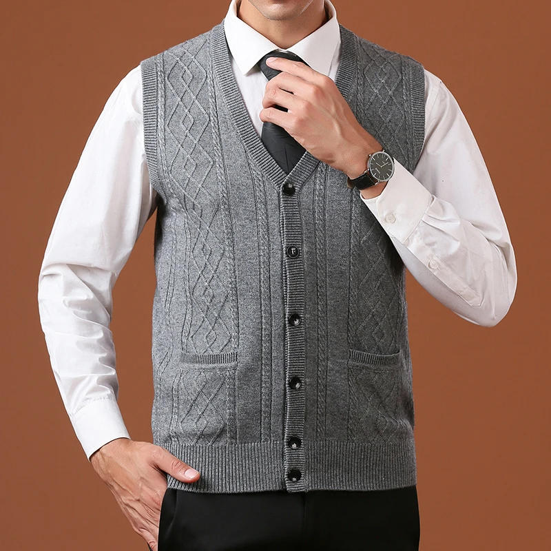 Description Picture 6 of itemMen 14% Wool Vest Sleeveless Cardigan Knit Buttons Down Basic Sweater Thick for Autumn Winter V Neck Business Casual 00324