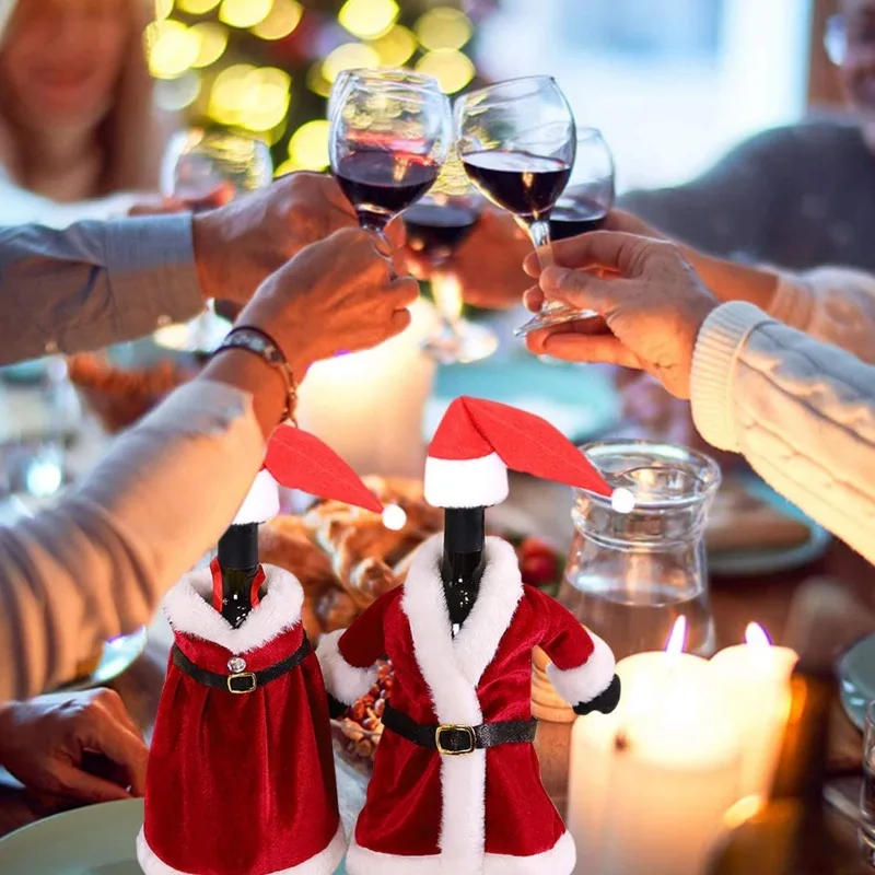 Description Picture 6 of item6/1pc Christmas Wine Bottle Cover Red Velvet Dress Clothes Bottles Bags for Xmas Dinner Table New Year Party Home Decoration