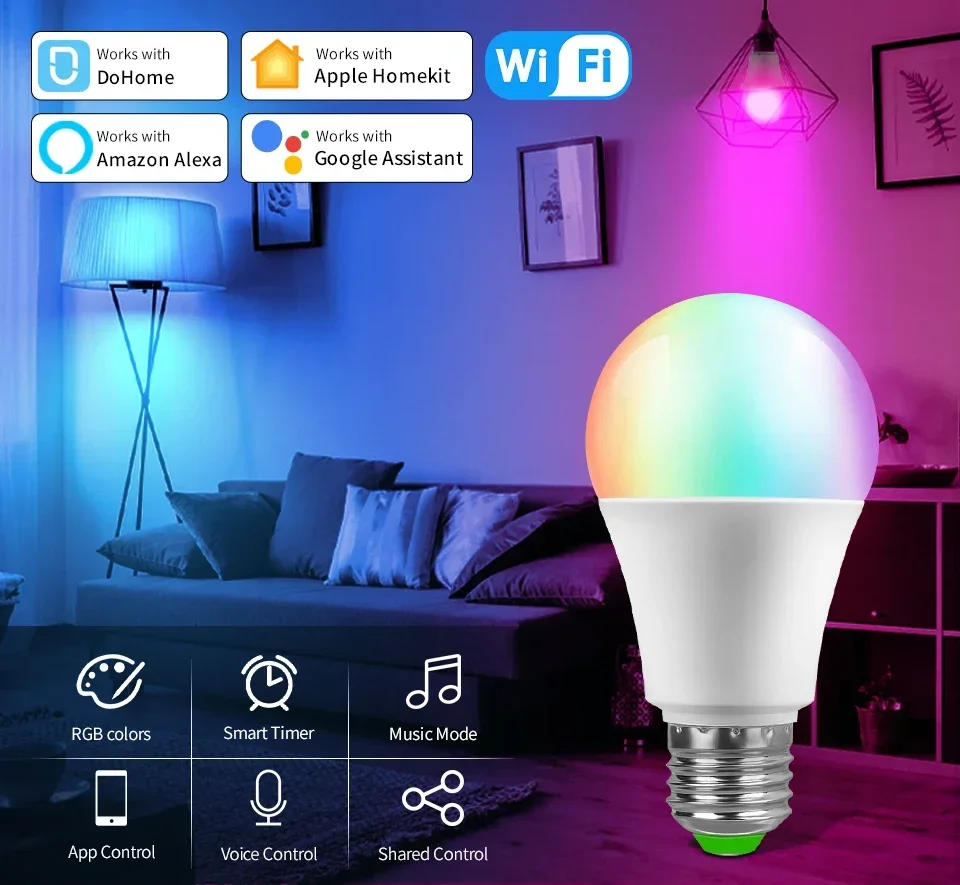 Description Picture 2 of item1/2/3PCS WiFi Smart Light Bulbs E27 12W Dimmable Timer Function LED Light Bulb DoHome Voice Control Support Alexa Google Home