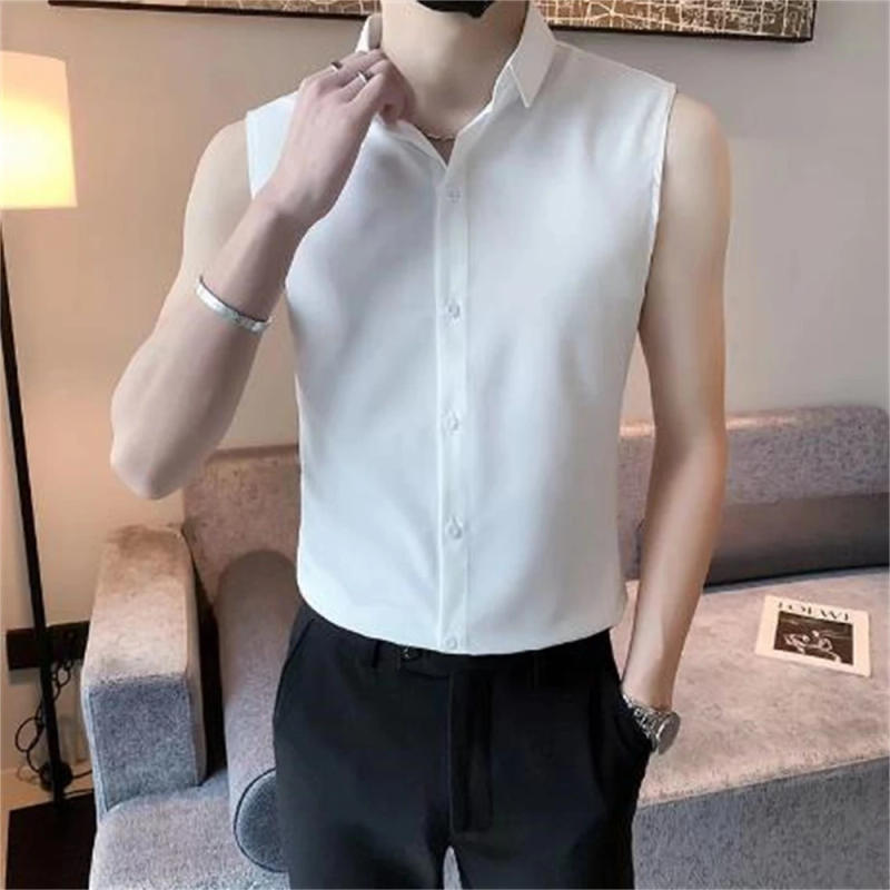 Description Picture 2 of item2024 Slim Fit Mens Casual Blouse Comfortable All Match Thin Men Shirt Dress Slim Tops InsSummer Sleeveless Shirts Men Fashion
