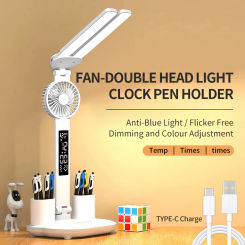 Rechargeable Touch LED Desk Lamp Foldable 2 Heads Table Light with Fan Calendar Clock Dispaly Eye Protection Study Reading Lamp