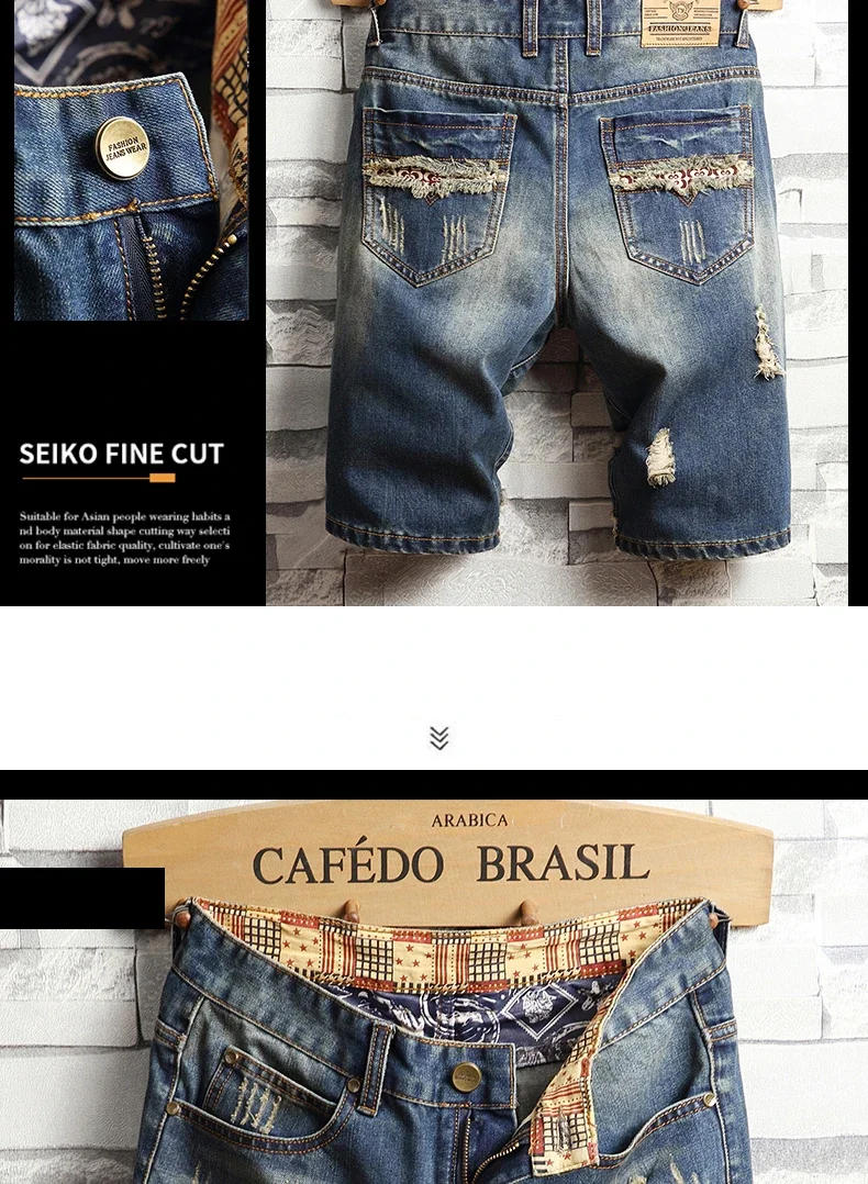 Description Picture 4 of itemSummer Men's Hole Ripped Denim Shorts Casual Straight Fit Retro Biker Short Pants Male Brand Streetwear Clothing