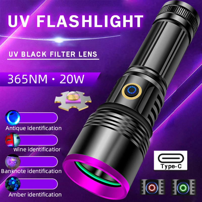 Description Picture 5 of itemUV Flashlight 365nm Blacklight LED Ultraviolet Light 20W Type-c Rechargeable UV Torch for Pet Urine Amber Detection Resin Curing