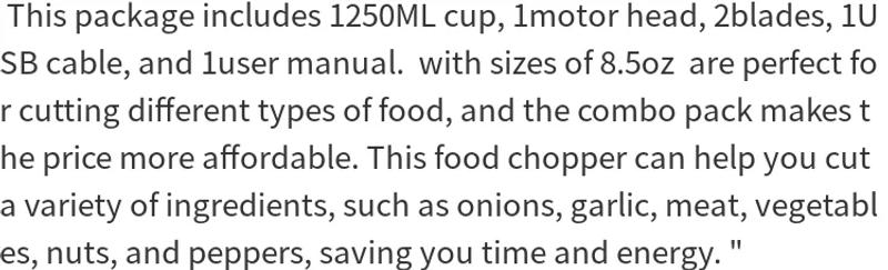 Description Picture 2 of itemFood chopper Mini 250ML portable waterproof electric chopper suitable for garlic onion USB rechargeable vegetable garlic press