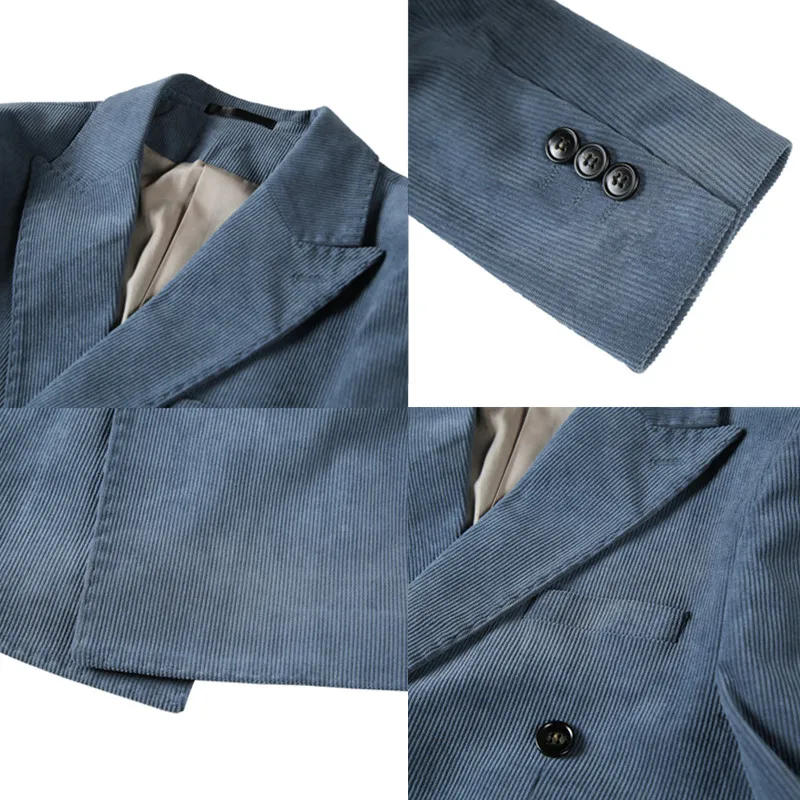 Description Picture 5 of itemHigh Quality Fashion Handsome Trend All-in-one Business Corduroy Suit Jacket Men's Double-breasted Suit Slim Striped Casual Suit