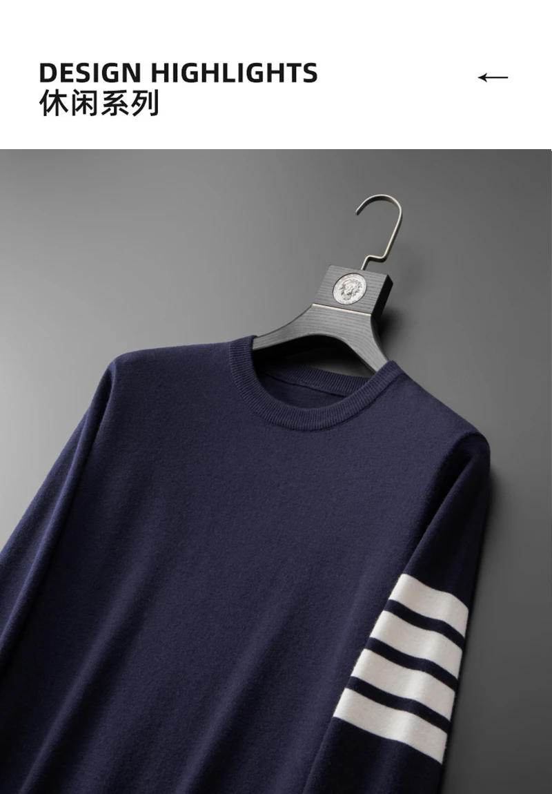 Description Picture 6 of itemHigh end brand round neck sweater men's autumn and winter 2023 new classic four stripe trend hem split Korean casual pullover