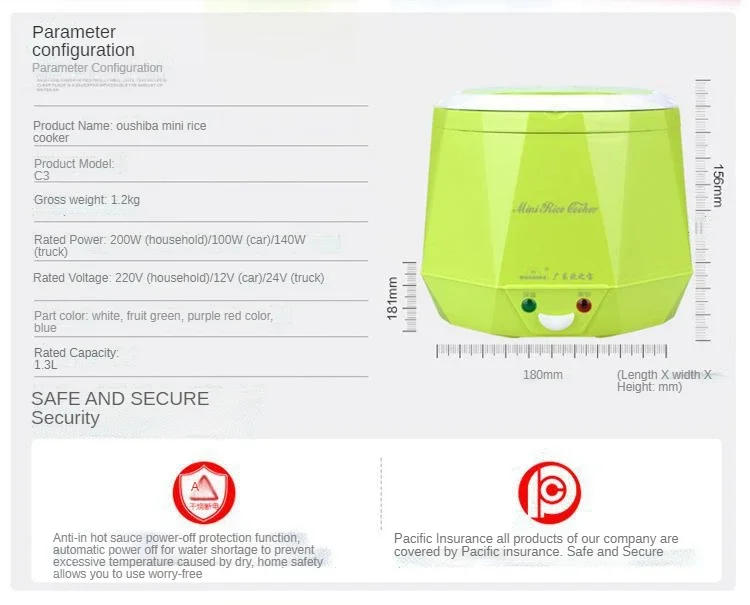 Description Picture 6 of itemMini Rice Cooker 1.3L Electric Heating Lunch Box Portable Food Steamer Electric Cooker For Car Truck Multicooker 12/24V