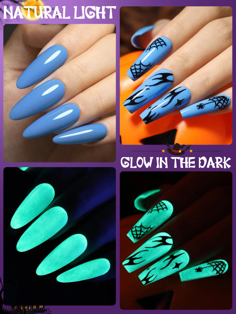 Description Picture 6 of itemYOKEFELLOW Glow in the Dark Gel Nail Polish 10ML Fluorescent Neon Blue Glow UV Gel Polish Nail Art for Halloween Women Girls