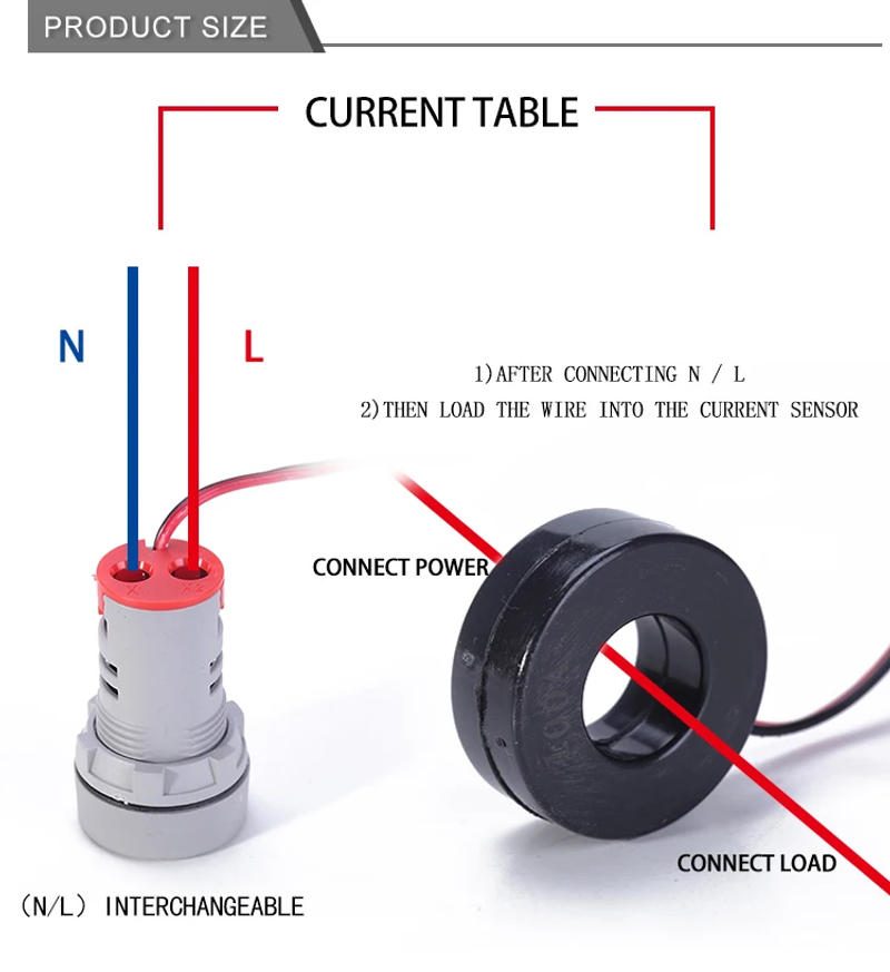Description Picture 6 of item22mm Frosted Round Panel Digital Ammeter Amp Tester Meters LED Indicator Pilot Lamp Light Current Meter 0-100A  AC 50-500V