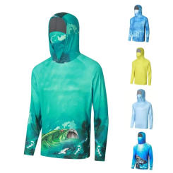 Fishing Shirts Men's Hooded Face Cover Fishing Clothes Summer Long Sleeve Sun Protection Camouflage Fishing T-Shirts