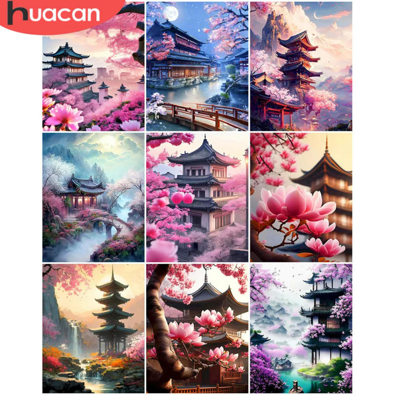Description Picture 2 of itemHUACAN Landscape Temple Oil Painting By Number Kit Flower Waterfall Hand Paint Kits Canvas Wall Decor