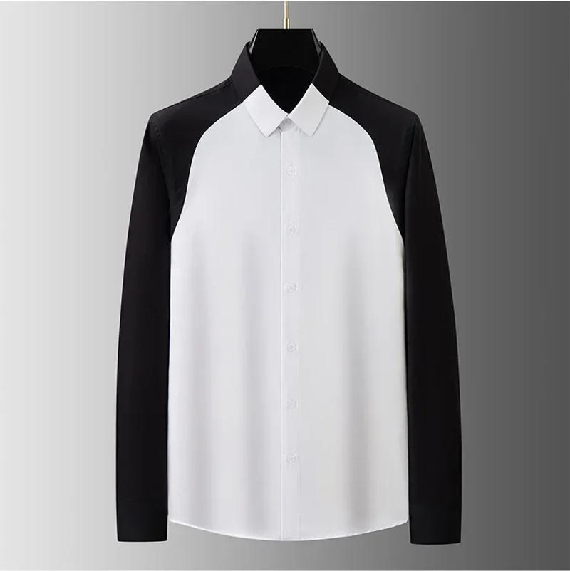 Description Picture 5 of item2024 Spring Splicing Contrasting Colors Shirt for Men Long Sleeved Casual Shirts Business Social Party Tuxedo Blouse M-3XL